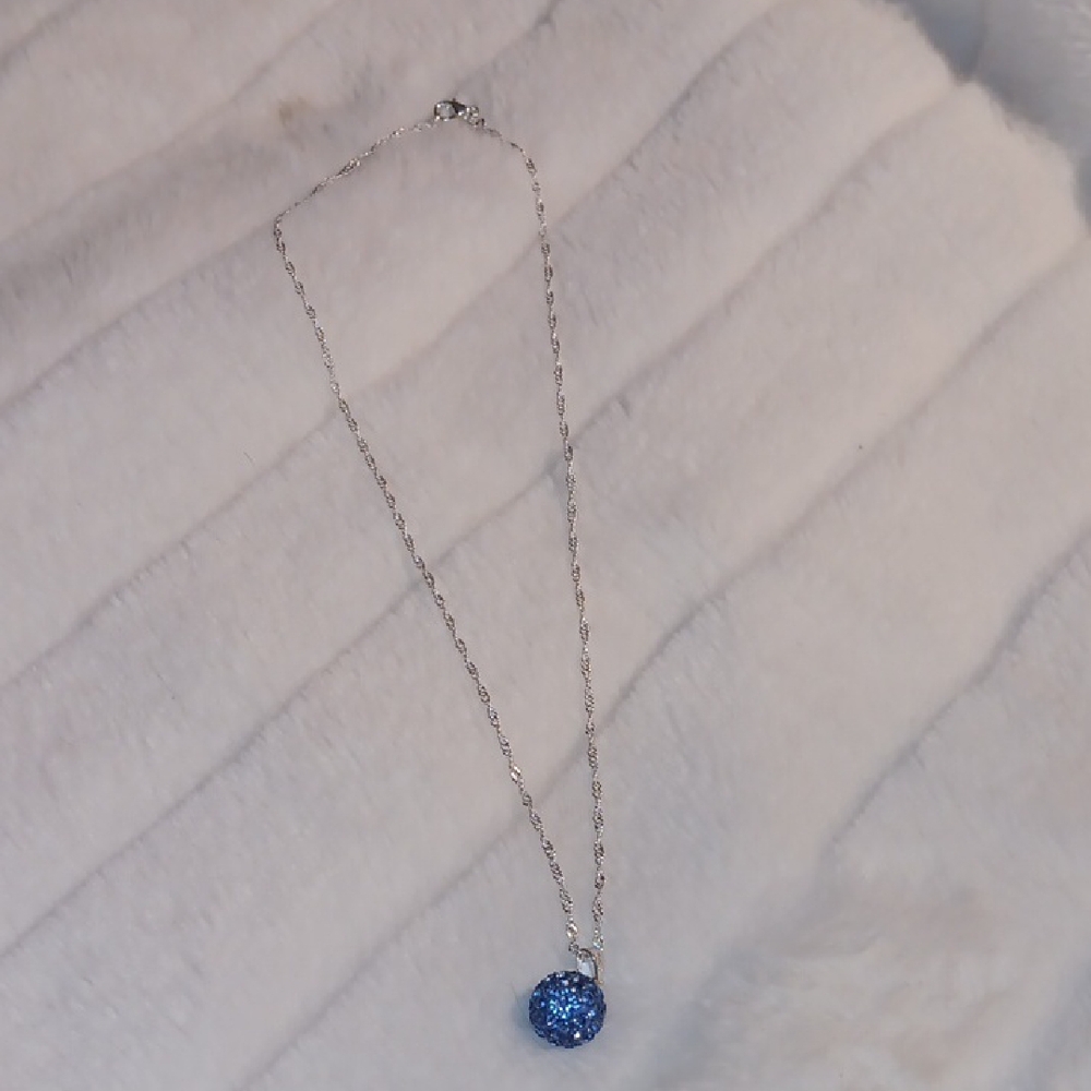 Silver Chain Necklace with Blue Crystal Ball Pendant